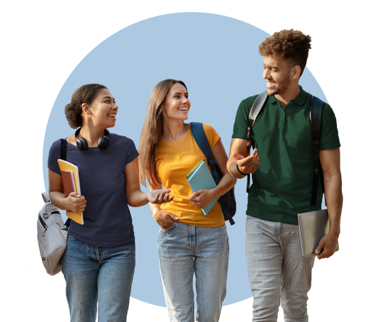 Three smiling college students carrying backpacks and books in front of a blue circle.
